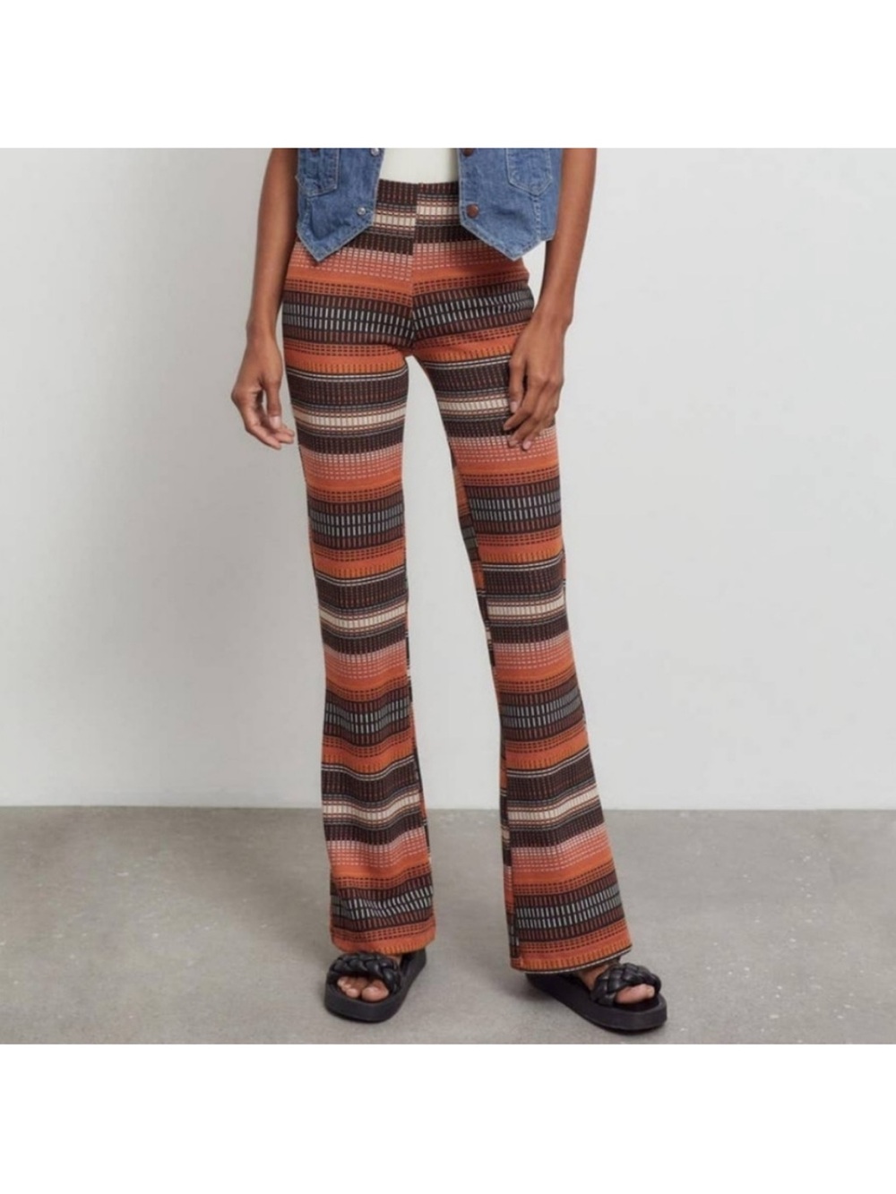 Urban Outfitters Retro Stripe Knit Flare Pants Brown & Orange Medium